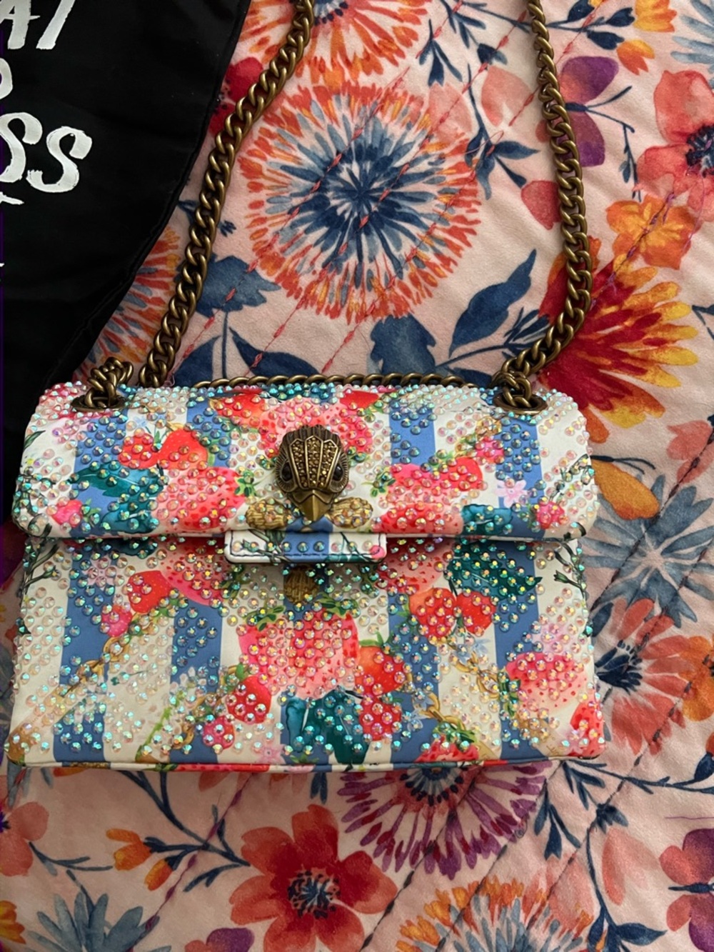 Kurt Geiger Floral Crystal Chain Crossbody Bag - White/Pink/Blue/Green